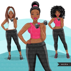 Graphismes de remise en forme, femme noire, séance d'entraînement pour femme afro, entraîneur personnel, téléchargement numérique de dessins par sublimation pour clipart Cricut