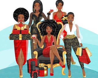 Fashion Clipart, Christmas clipart, Birthday clipart, black woman png, sisterhood png, friends png, afro Christmas png, Sublimation designs