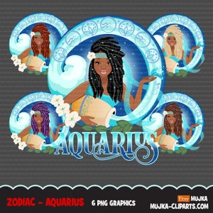 Zodiac Aquarius Clipart, Png digital download, Sublimation Graphics for Cricut & Cameo, Black Side Braids Hair Woman Horoscope sign designs