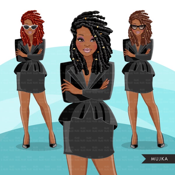 Fashion Clipart, Black Business Woman braids, dreads hair, Sublimation designs digital download for Cricut clipart