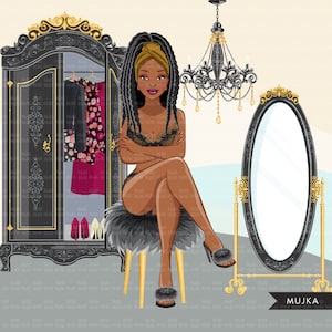 Clipart de moda, clipart de lingerie, boudoir de quarto, design de sublimação de mulher negra para Cricut & Cameo, uso comercial PNG clipart