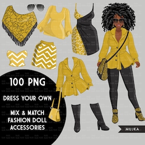 Bundle PNG donna nera, clipart bambola afroamericana, png vestire, adesivi planner, download disegni a sublimazione, vestito da donna afro png