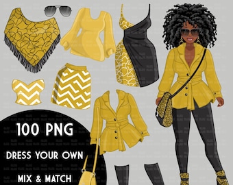 Bundle PNG donna nera, clipart bambola afroamericana, png vestire, adesivi planner, download disegni a sublimazione, vestito da donna afro png