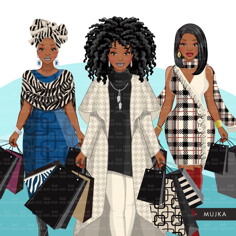May include: Three women with different hairstyles and outfits are holding shopping bags. The woman on the left is wearing a zebra print scarf and a blue dress. The woman in the middle is wearing a white coat with a black and white houndstooth pattern. The woman on the right is wearing a plaid dress with a white and black pattern. All three women are carrying shopping bags with black and white geometric patterns.