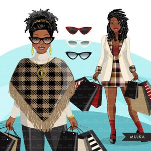 Fall Fashion Clipart, Black Woman shopping, afro woman, sisters, friends Sublimation designs digital download for Cricut clipart, plaid image 3