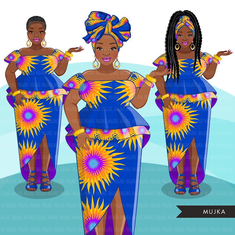 African woman png, blue and yellow African dress, curvy black woman Sublimation designs digital download for Cricut clipart image 2