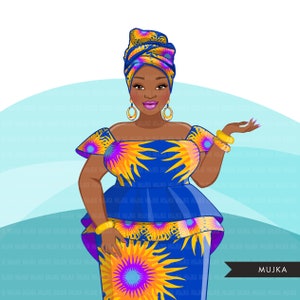 African woman png, blue and yellow African dress, curvy black woman Sublimation designs digital download for Cricut clipart image 7