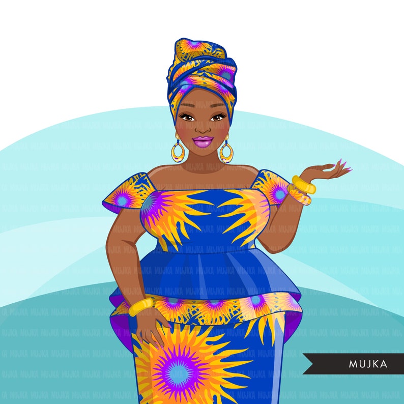 African woman png, blue and yellow African dress, curvy black woman Sublimation designs digital download for Cricut clipart image 7