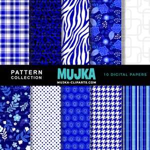 May include: A digital paper pack with 10 different patterns in blue and white. The patterns include plaid, leopard print, zebra stripes, floral, polka dots, circles, houndstooth, and stripes. The text "Mujka" and "Mujka-clipart.com" is included in the image.
