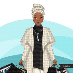 May include: A woman wearing a white and grey patterned coat, a black turtleneck sweater, and a white headscarf is holding shopping bags. The bags are black with white stripes and have a white and blue patterned design.