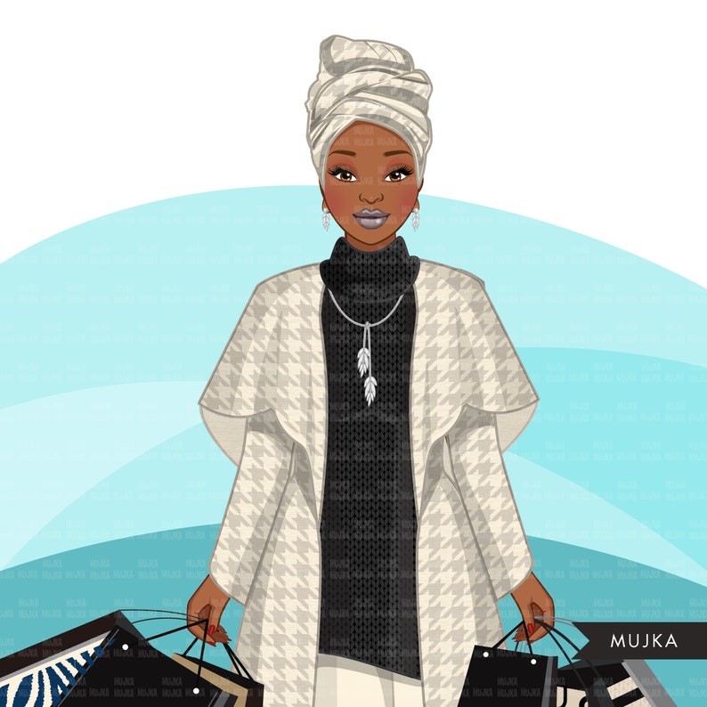 May include: A woman wearing a white and grey patterned coat, a black turtleneck sweater, and a white headscarf is holding shopping bags. The bags are black with white stripes and have a white and blue patterned design.