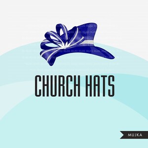 May include: A blue church hat with a silver ribbon and a white flower. The hat is on a light blue background with the text "CHURCH HATS" in black and the word "MUJKA" in white on a black ribbon.