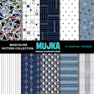 May include: A set of 10 digital papers featuring masculine geometric patterns in blue, green, red, and white. The patterns include triangles, squares, circles, and lines.