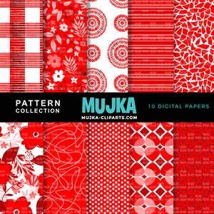 May include: A set of 10 digital papers featuring red and white geometric patterns. The patterns include polka dots, stripes, floral designs, and abstract shapes. The text "MUJKA" and "MUJKA-CLIPARTS.COM" is displayed on the image.
