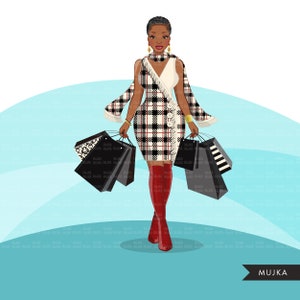 May include: A woman with short black hair and red boots is carrying multiple shopping bags. She is wearing a plaid dress with a white scarf and gold jewellery. The background is a light blue gradient.