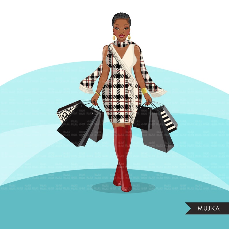 May include: A woman with short black hair and red boots is carrying multiple shopping bags. She is wearing a plaid dress with a white scarf and gold jewellery. The background is a light blue gradient.