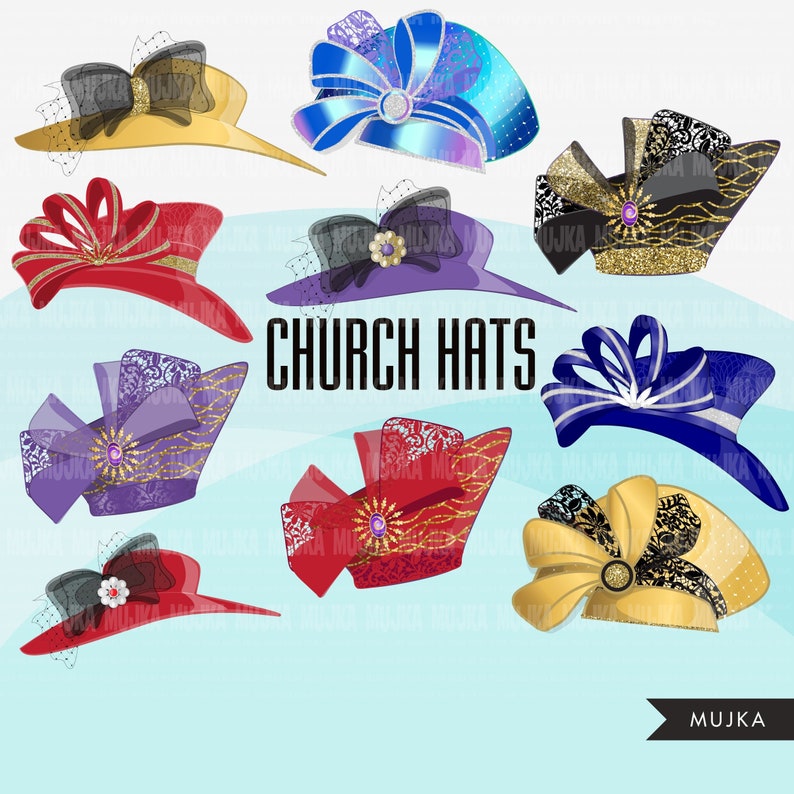 May include: A set of nine church hats in various colors and styles. The hats are decorated with lace, glitter, and jewels. The hats are all in a variety of colors, including red, blue, purple, gold, and black. The hats are all in a variety of styles, including wide-brimmed, pillbox, and cloche.