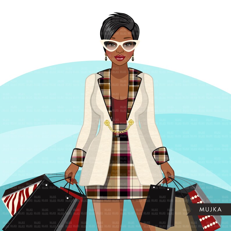 May include: A woman with short black hair and white sunglasses is holding multiple shopping bags. The bags are black with white stripes, black with red stripes, and black with white polka dots. The woman is wearing a white blazer with a plaid pattern and a plaid skirt. The background is a light blue gradient.