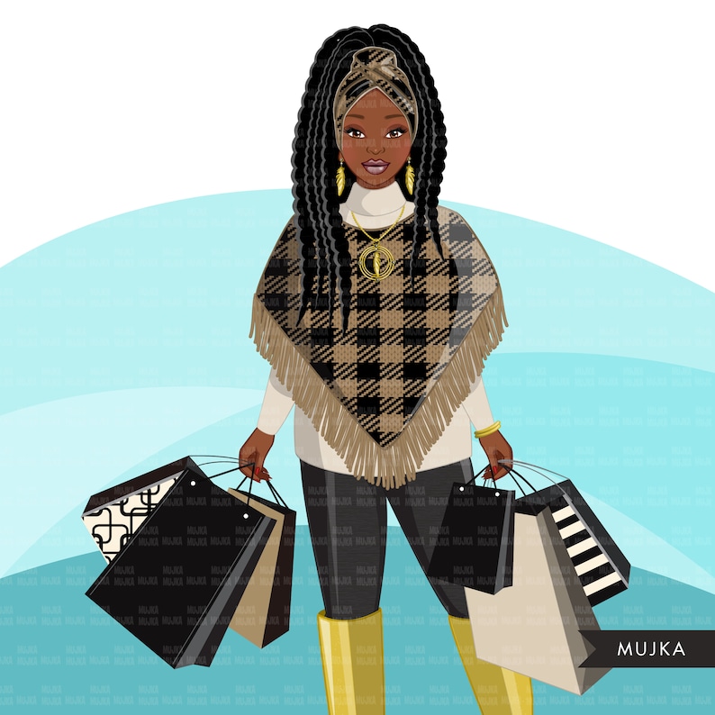 May include: A woman with long black braids and a black and brown plaid poncho is holding shopping bags. The bags are black and white striped and have a gold handle. The woman is wearing black trousers and yellow boots.