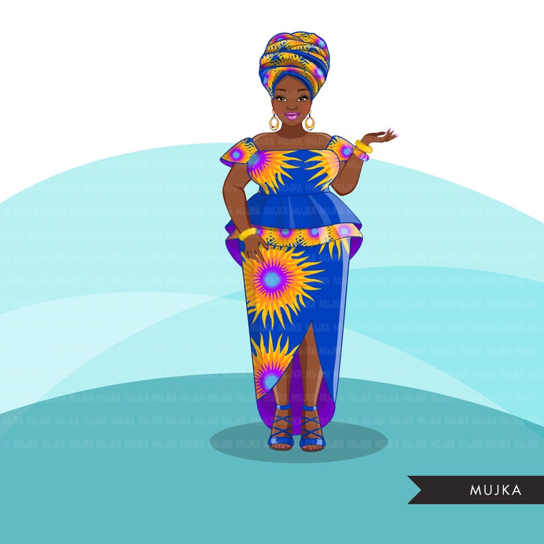 African woman png, blue and yellow African dress, curvy black woman Sublimation designs digital download for Cricut clipart image 6