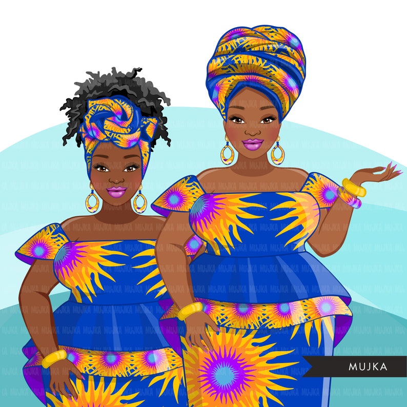 African woman png, blue and yellow African dress, curvy black woman Sublimation designs digital download for Cricut clipart image 1