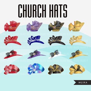 May include: A set of 16 digital illustrations of church hats in various colors and styles. The hats are decorated with bows, lace, and glitter. The text "CHURCH HATS" is at the top of the image. The text "MUJKA" is at the bottom of the image.