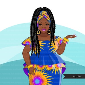 African woman png, blue and yellow African dress, curvy black woman Sublimation designs digital download for Cricut clipart image 8