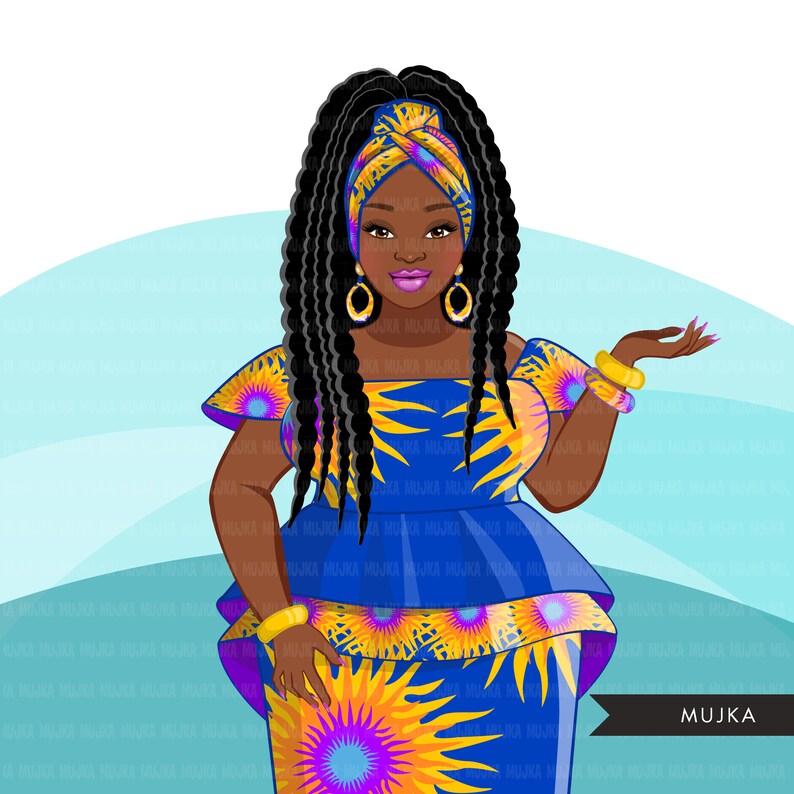 African woman png, blue and yellow African dress, curvy black woman Sublimation designs digital download for Cricut clipart image 8