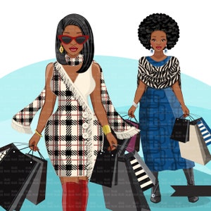May include: Two women in stylish outfits are shopping with multiple shopping bags. One woman is wearing a black and white plaid dress with a red scarf and red boots. The other woman is wearing a blue dress with a zebra print scarf and black boots.