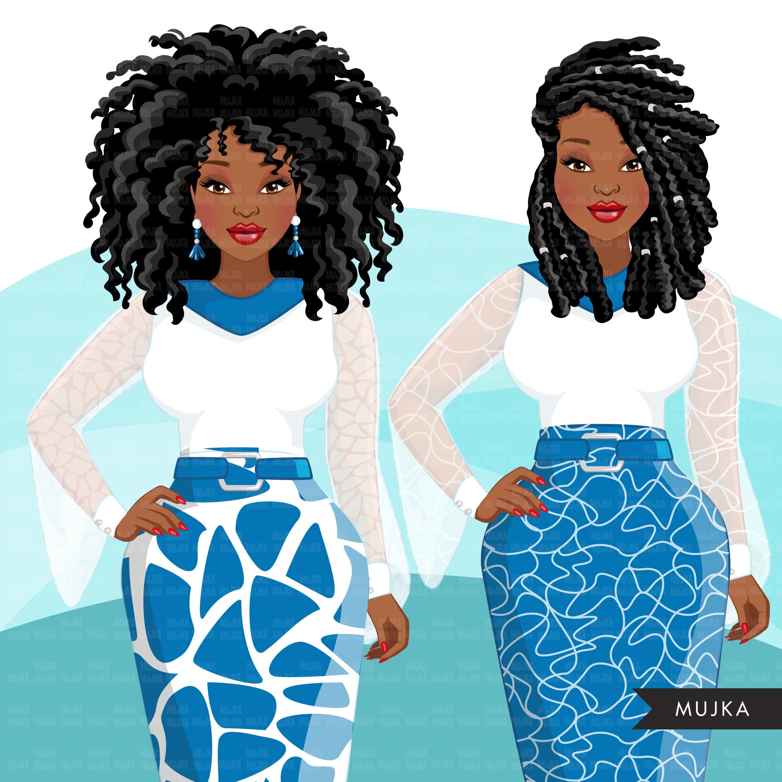 Fashion Clipart, Black Woman Graphics, Blue Dress, Sisters