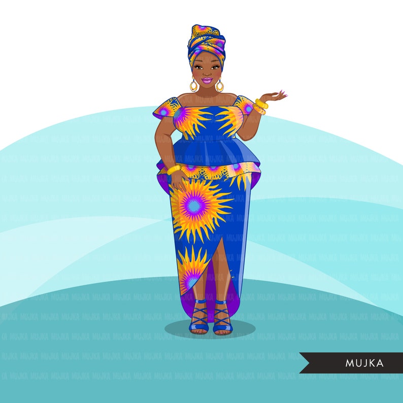 African woman png, blue and yellow African dress, curvy black woman Sublimation designs digital download for Cricut clipart image 9