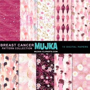 May include: A digital paper pack with 10 different patterns featuring pink, white, and gold colors. The patterns include floral designs, abstract swirls, and silhouettes of women. The text "Breast Cancer Pattern Collection" and "Mujka" is included in the image.