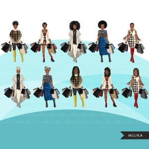 May include: Digital illustration of eight women with different hairstyles and outfits holding shopping bags. The women are wearing stylish clothing and accessories, including scarves, hats, and jewellery. The shopping bags are filled with colourful items, suggesting a shopping spree.