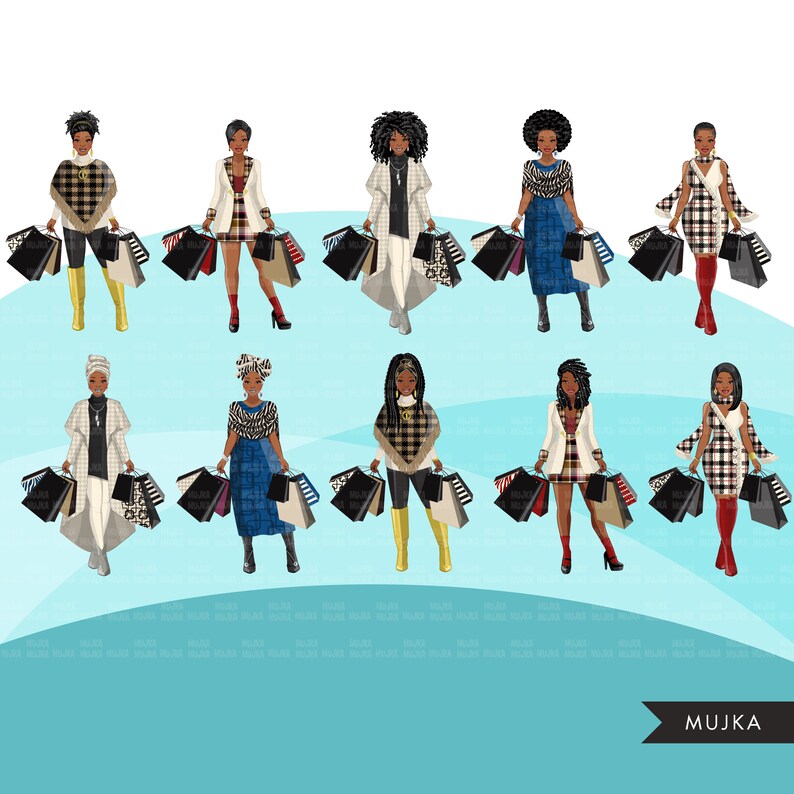 May include: Digital illustration of eight women with different hairstyles and outfits holding shopping bags. The women are wearing stylish clothing and accessories, including scarves, hats, and jewellery. The shopping bags are filled with colourful items, suggesting a shopping spree.