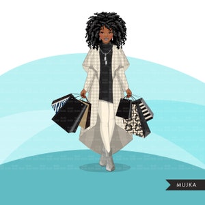 May include: A woman with curly black hair is carrying multiple shopping bags. She is wearing a white and black houndstooth coat, a black turtleneck sweater, white trousers, and silver boots. The bags are black with white and grey geometric patterns.