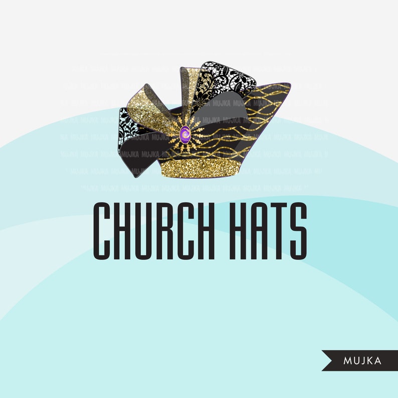 May include: A black and gold church hat with a purple jewel and a black and white lace design. The hat is decorated with gold glitter. The text "CHURCH HATS" is written in black below the hat.