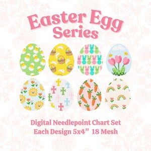 Puede incluir: Ocho diseños de huevos de Pascua con patrones de pollitos, conejitos, zanahorias y arcoíris. El texto "Easter Egg Series" está encima de los huevos, y "Digital Needlepoint Chart Set" debajo. Cada diseño mide 12,7 cm x 10,2 cm.