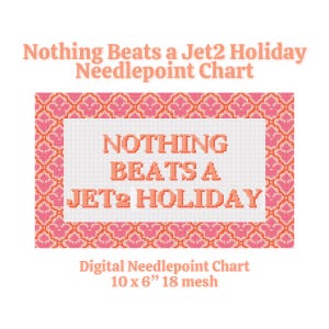 May include: A digital needlepoint chart with the text "Nothing Beats a Jet2 Holiday" in coral letters. The design includes a pink and orange floral border and measures 10 x 6 inches with 18 mesh.