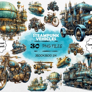 Aquarell Steampunk Fahrzeuge Clipart Bundle Vintage Fahrzeuge PNG Set Mechanische Clip Art Vintage Auto Wand Kunst Sammelalbum Steampunk Ephemera