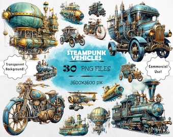 Watercolor Steampunk Vehicles Clipart Bundle Vintage Vehicles PNG Set Mechanical Clip Art Vintage Car Wall Art Scrapbook Steampunk Ephemera