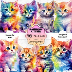 Aquarel Rainbow Kitten PNG bundel, kleurrijke Kitten afdrukbare kunst, Rainbow Kitten clipart set, magische kitten kunst aan de muur, schattige kat scrapbook