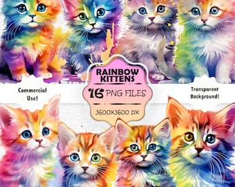 Watercolor Rainbow Kitten PNG Bundle, Colorful Kitten Printable Art, Rainbow Kitten Clipart Set, Magical Kitten Wall Art, Cute Cat Scrapbook