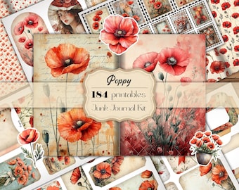 Watercolor Poppy Junk Journal Kit Poppy Junk Journal Printable Pages Poppy Ephemera Poppy Scrapbook Vintage Poppy Half Papers