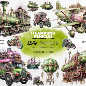 Watercolor Steampunk Vehicles Clipart Bundle Vintage Vehicles PNG Set Mechanical Journal Clipart Steampunk Cars PNG Steampunk Scrapbook Art