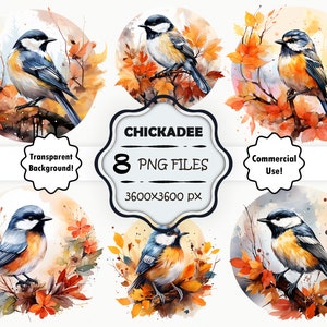 Aquarelle mésange PNG, lot de cliparts automne mésange, art mural mésange automne, impression album de mésange, ensemble de peinture mésange mignon