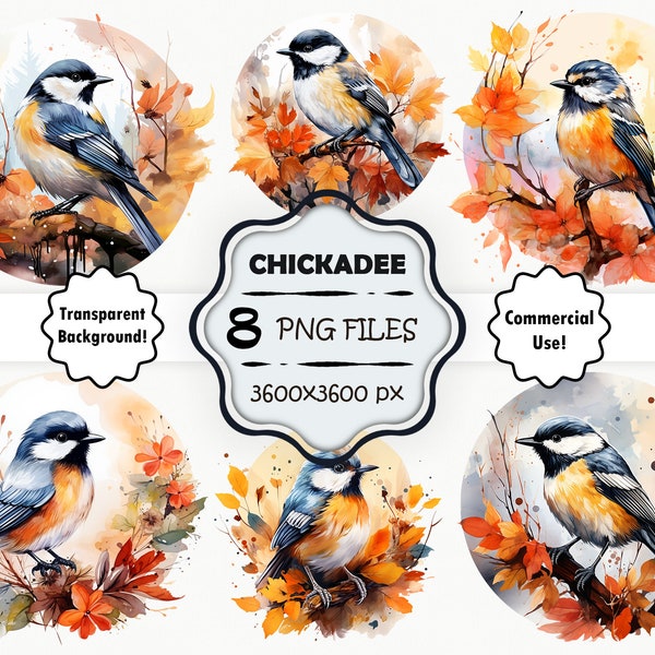 Watercolor Chickadee PNG, Autumn Chickadee Clipart Bundle, Fall Chickadee Wall Art, Scrapbook Chickadee Print, Cute Chickadee Painting Set
