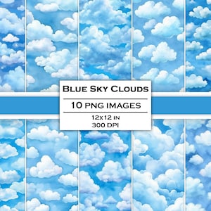 Blue Sky Aquarel Wolken Digitaal papier Bewolkte lucht Afdrukbaar papier Kleurrijke wolken Herhalend patroon Wolkenachtergrond Lucht naadloos patroon