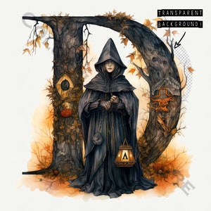May include: A hooded figure in a dark robe stands in front of a large tree trunk, holding a lantern. The tree is covered in vines and leaves, and there is a birdhouse on the trunk. The background is a blurred image of a forest.