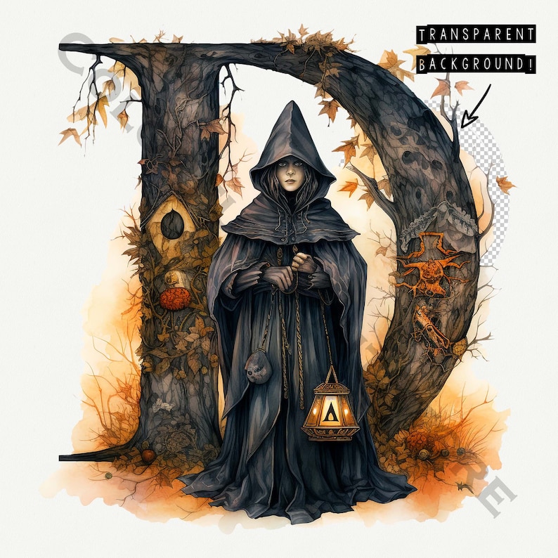 May include: A hooded figure in a dark robe stands in front of a large tree trunk, holding a lantern. The tree is covered in vines and leaves, and there is a birdhouse on the trunk. The background is a blurred image of a forest.