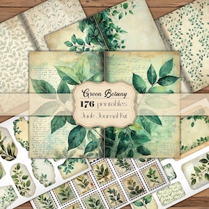 Zestaw dziennika Green Botanical Junk Journal Strony do druku Dziennik Nature Junk Greenery Ephemera Wydruki do scrapbookingu Vintage Liście Bezszwowy wzór
